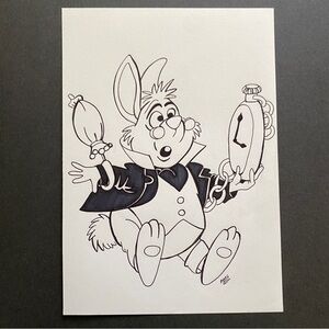 White Rabbit Drawing Disney Alice In Wonderland Illustration Black Ink 11x 7.75”